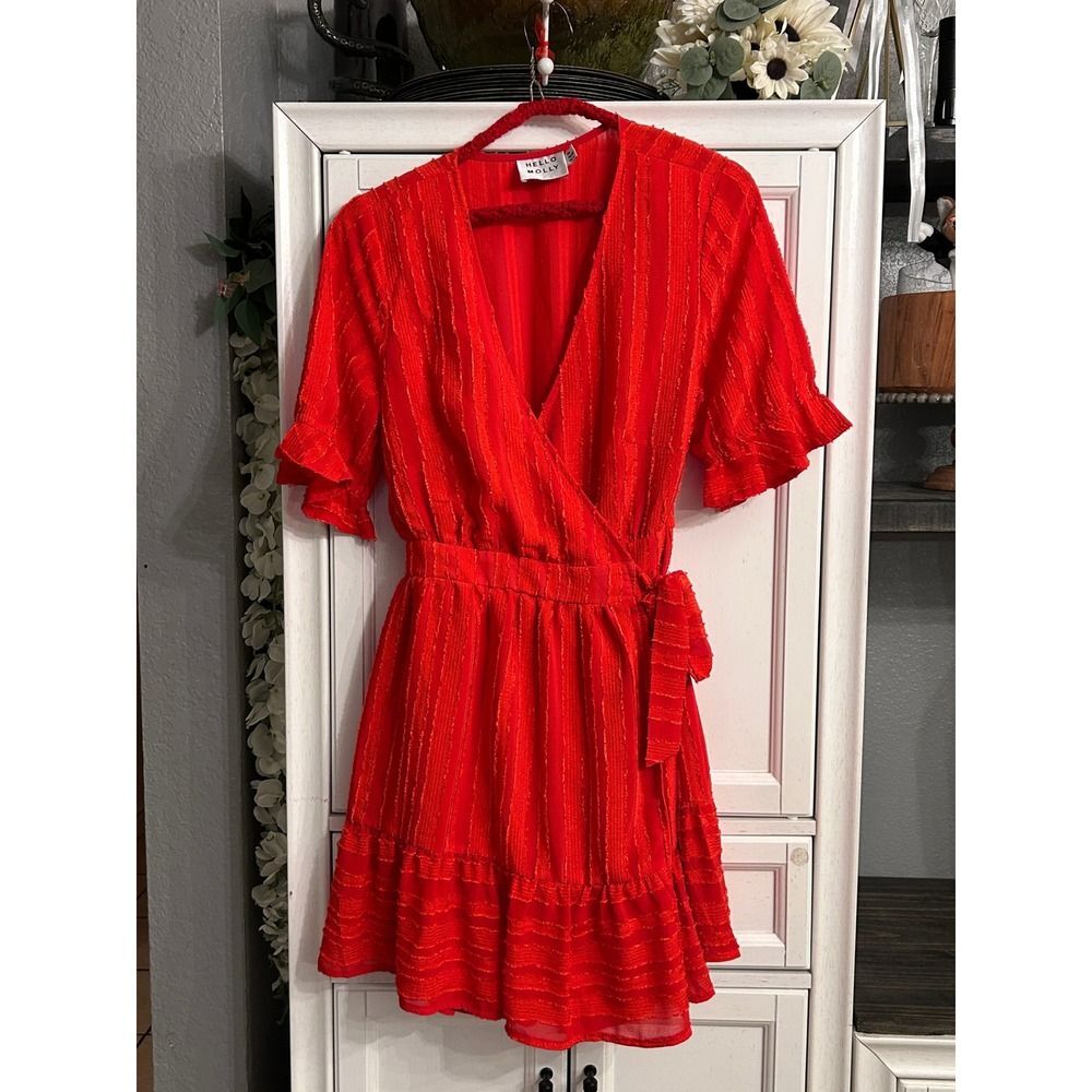 Hello Molly Red Wrap Mini Dress Flutter Sleeve MEDIUM Summer Rodeo Festival - Picture 8 of 10